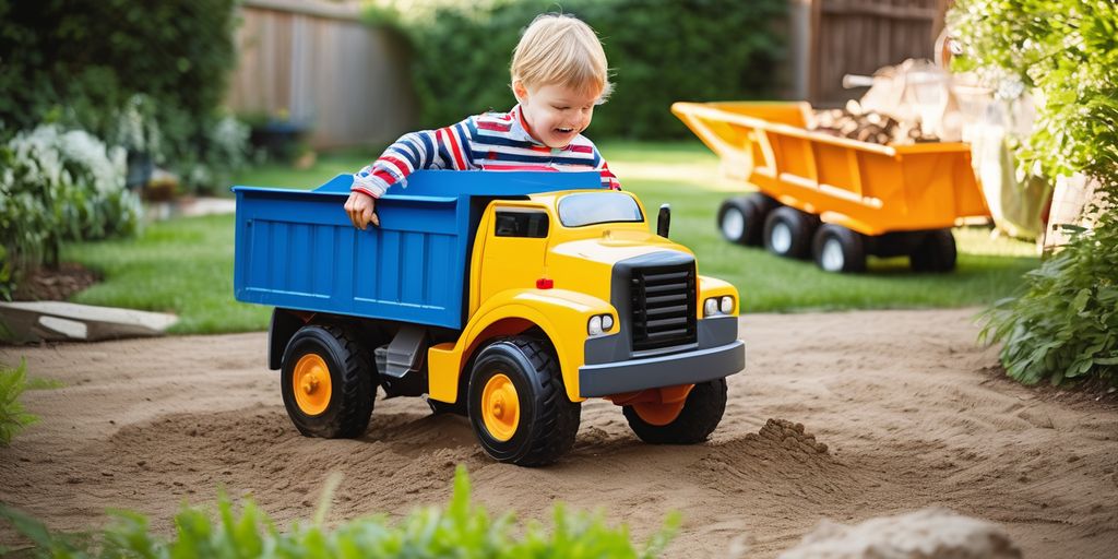 child playing with toy dump truck ride-on in a backyard