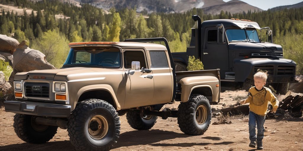 child playing with tough truck in outdoor adventure setting