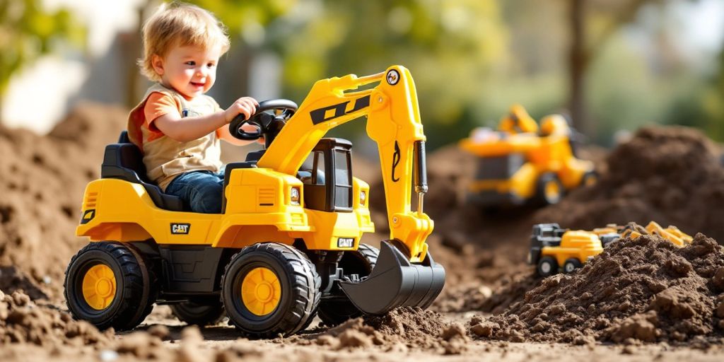 Child on electric excavator in outdoor construction play.