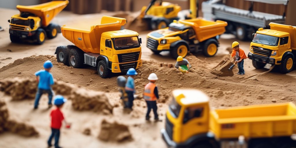 children playing with realistic toy trucks in a mini construction site at home